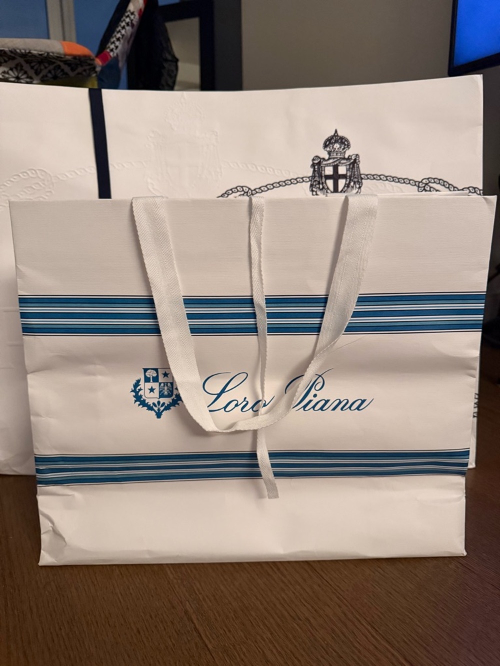 Loro Piana White and Blue Striped Gift Bag